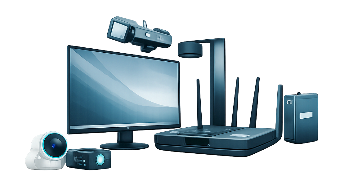 Computer monitor, router, and other electronic devices on a white background