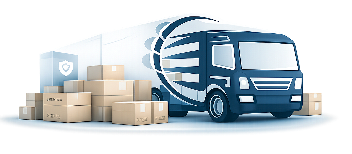 Blue delivery truck with cardboard boxes on a transparent background